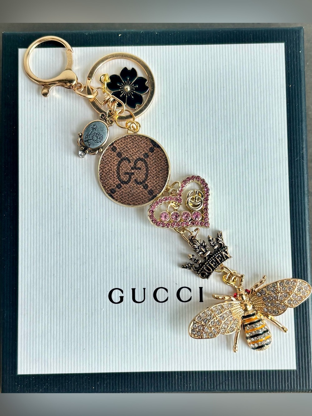 Gucci Pink Enamel Bee Bag Charm, enamel flower, bag charm 7.5 in.